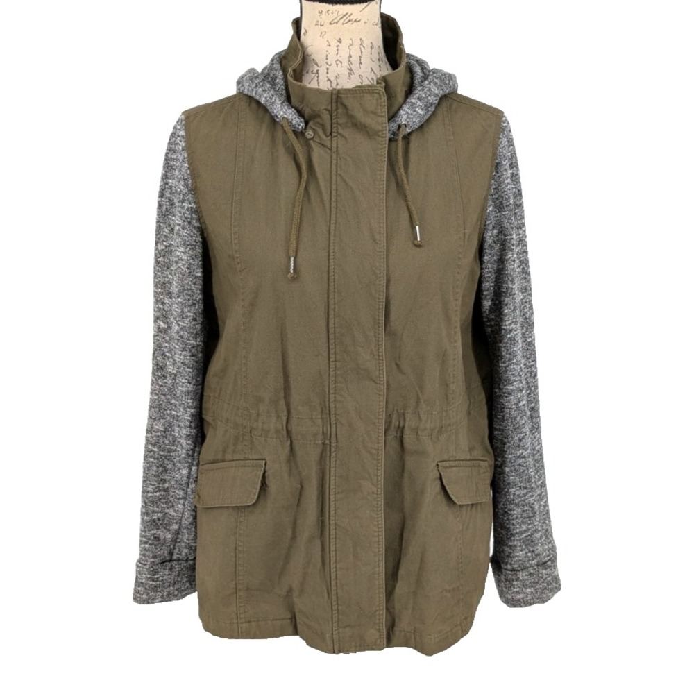 LE3NO Lightweight Jacket Large Olive Cotton Body Gray Knit Sleeves Hood Zip Up